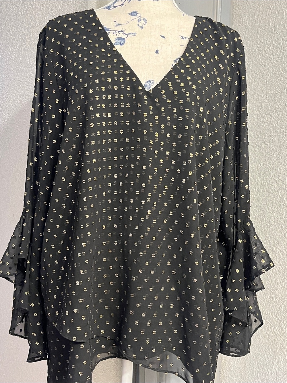 Vince Camuto Black V-Neck Blouse with Gold Dot Print